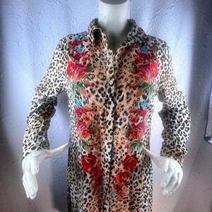 Savanna Jane  Leopard Floral Embroidered Button Down Maxi Shirt Dress Size M